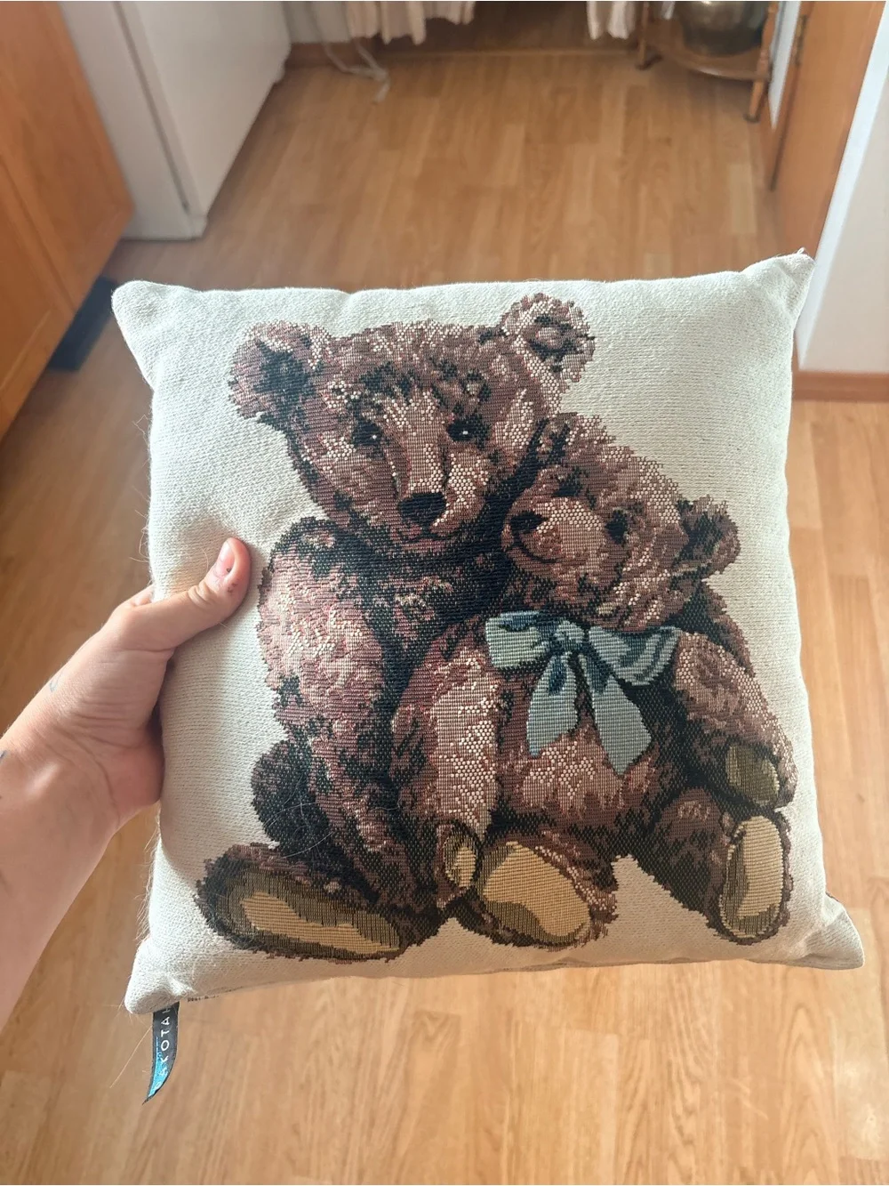 Vintage Beige Throw Pillow with Brown Teddy Bear